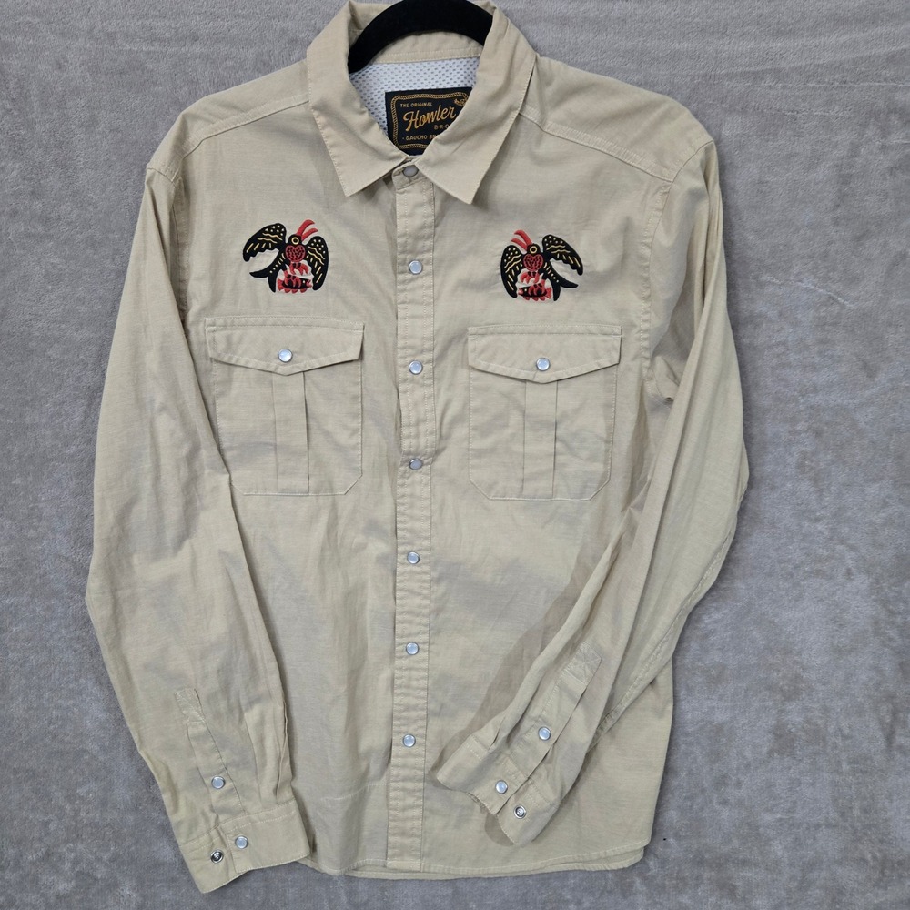 Howler Brothers Gaucho Snapshirt Mens Small Tan Embroidered Western Pearl Snap